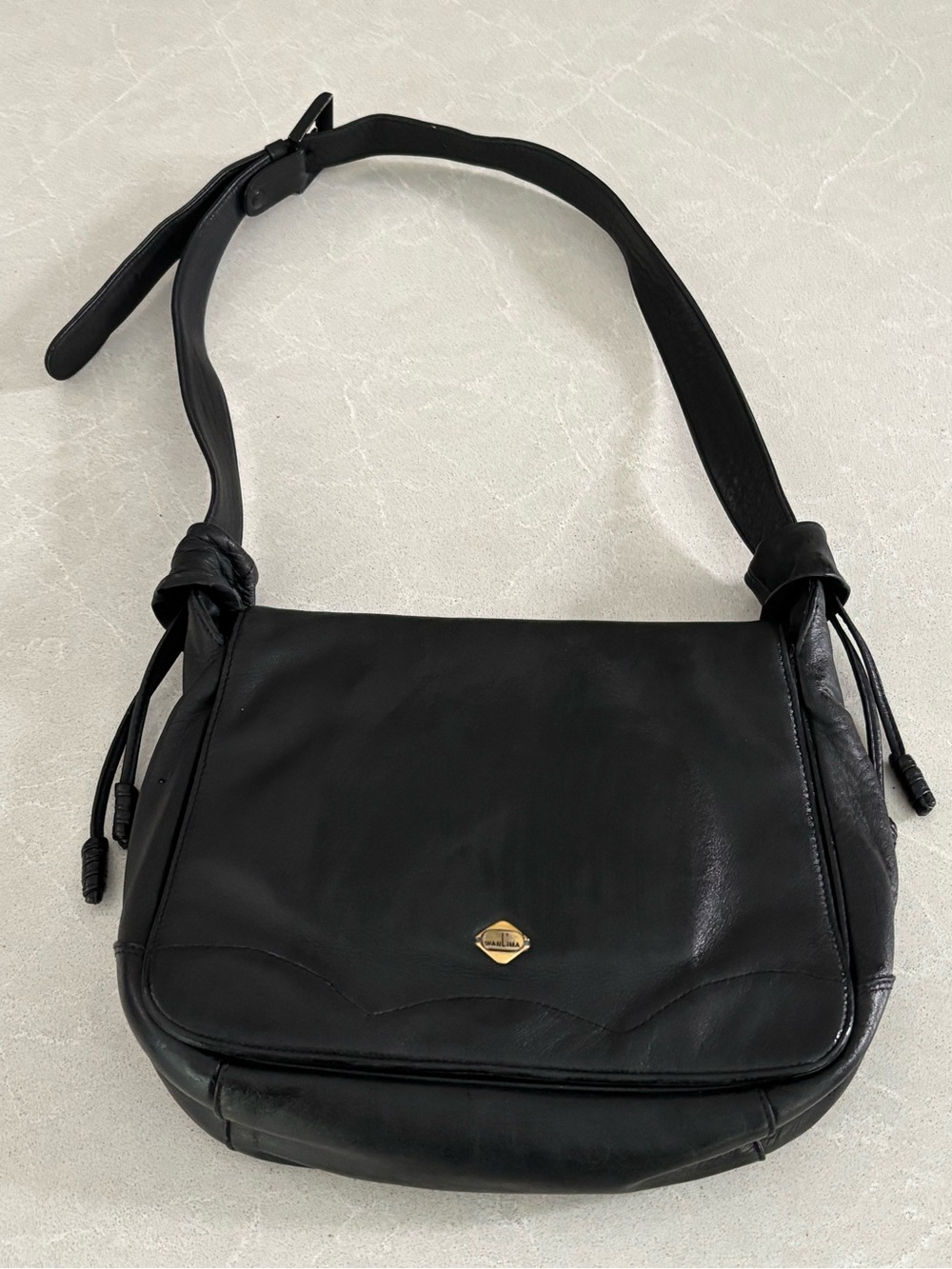 Vintage Wanlima Black Genuine Leather Flap Shoulder Crossbody Bag Purse Luxury